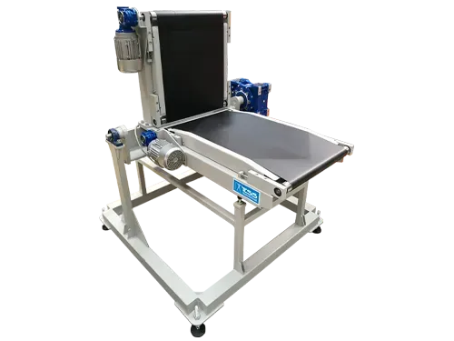 Tilter with double motorized belt conveyor, tipper with motorized belt conveyor, belt conveyor upender, tilting motorized belt conveyor