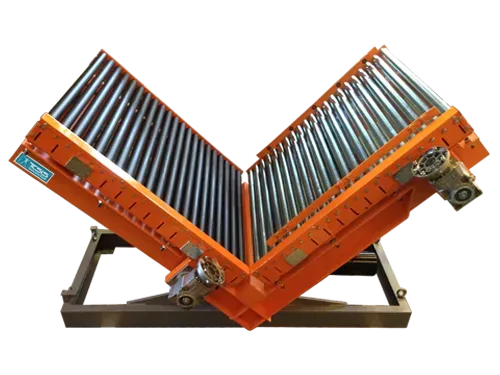 Tilter with double motorized roller conveyor, tipper with motorized roller conveyor, roller conveyor upender, tilting motorized roller conveyor