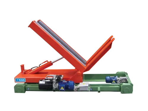 Self-propelled tilt and lift upender with motorized roller table and tipping forks, coil lift and tilt table, coil transfer car with tilting roller table, coil handling equipment, coil tilter