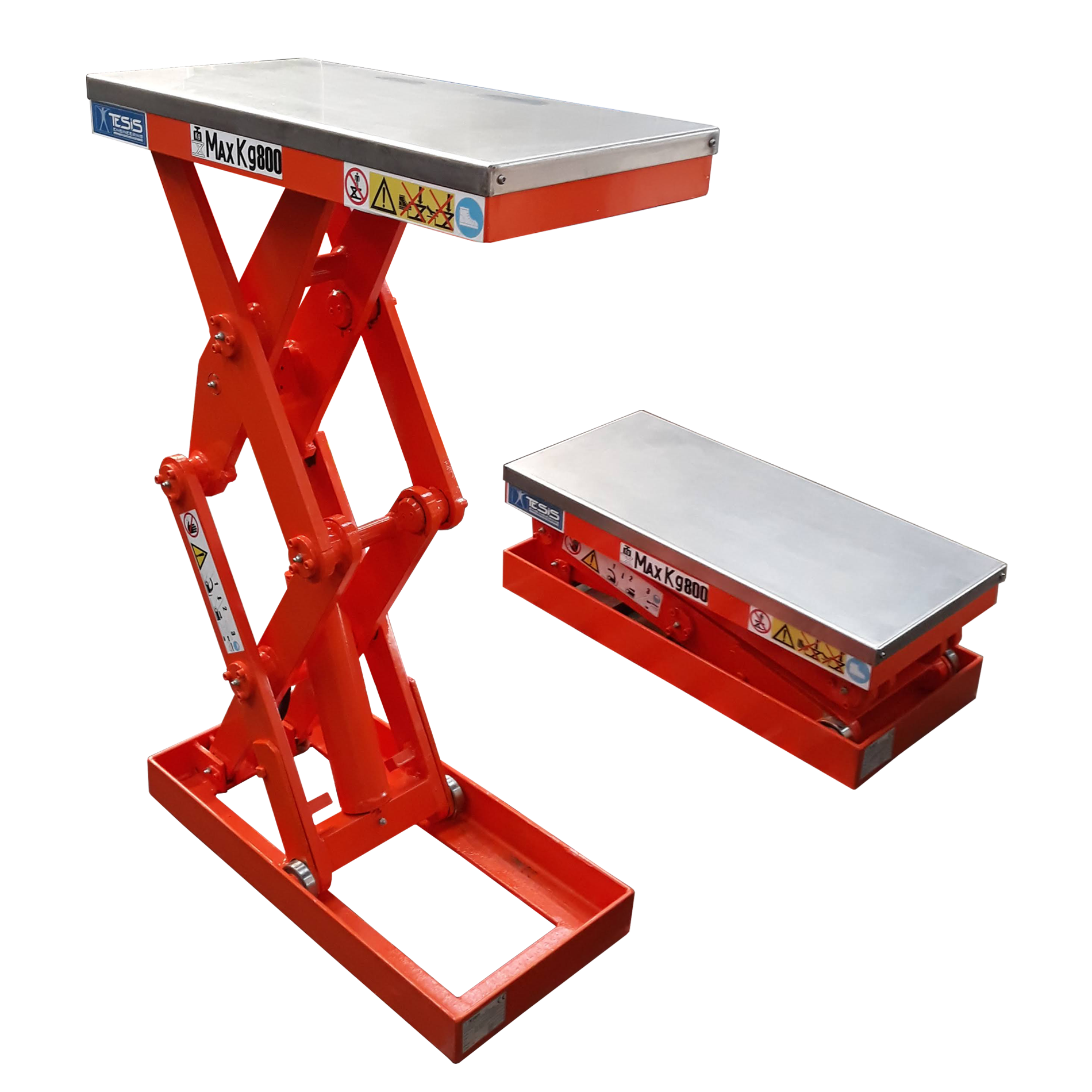 Tavoli elevatori a forbice con pianale  in acciaio inox, piattaforme elevatrici per linee di carico e scarico cestelli  per contenitori, caricatori scaricatori di cestelli per contenitori vetro metallo e plastica, piattaforme elevatrici per linee di trasferimento contenitori, tavole elevatrici per packaging