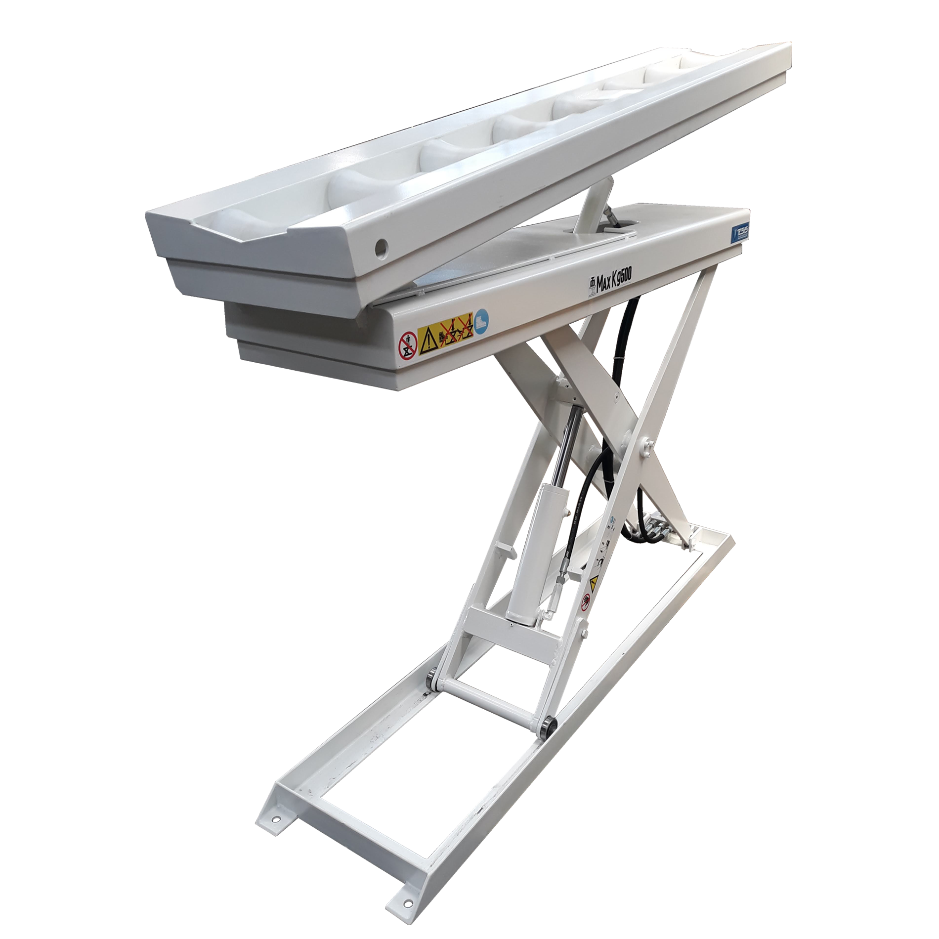 Tavola elevatrice basculante con piattaforma inclinabile a rulli folli - Rulliere sollevabili e inclinabili - piattaforme di sollevamento a pantografo inclinabili