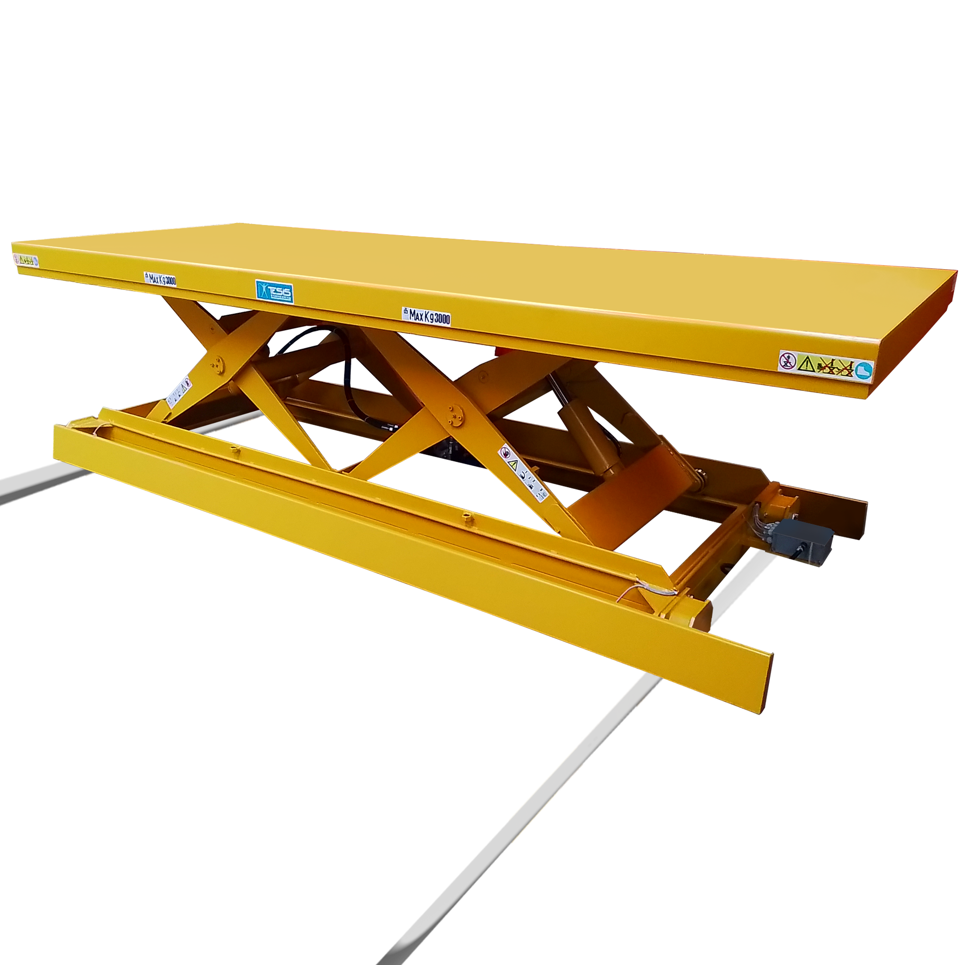 Piattaforma elevatrice mobile motorizzata, tavola elevatrice tandem semovente con traslazione motorizzata laterale su rotaia, tavole elevatrici traslabili motorizzate, piattaforme di sollevamento a pantografo