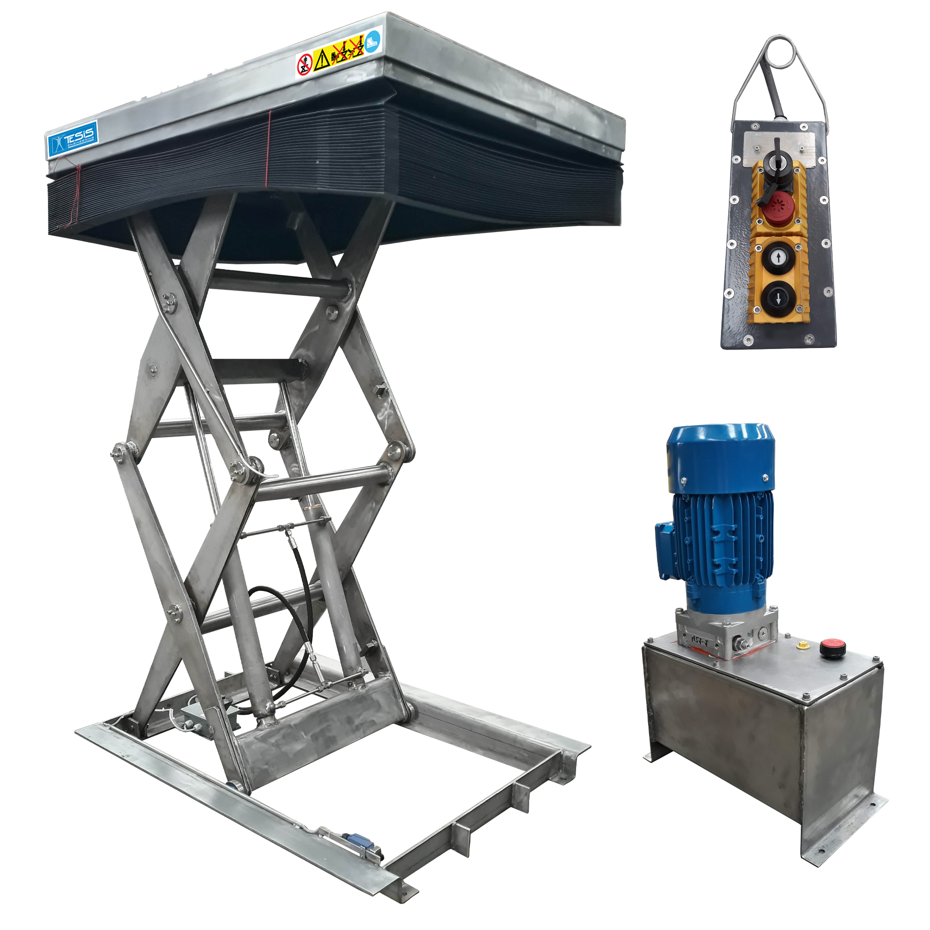Tavola elevatrice a doppio pantografo in acciaio inossidabile con protezione a soffietto e pulsantiera ATEX - Piattaforma di sollevamento per ambienti speciali