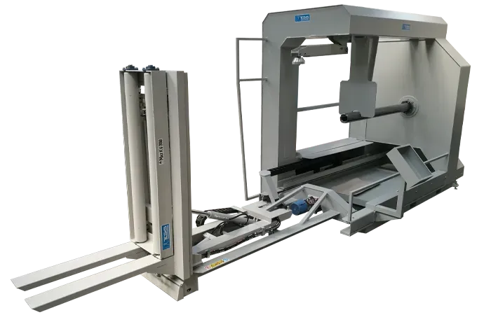 Avvolgitore rotoli di rete con estrattore, Piattaforma elevatrice a pantografo porta-rotoli, con rulli motorizzati, sistema di pesatura, traslazione e ribaltamento.