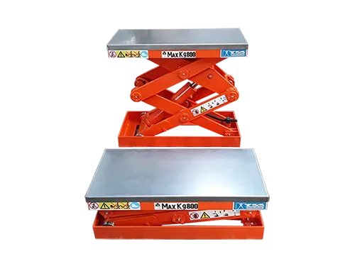 Tavola elevatrice a doppio pantografo con piano in acciaio inox cestonatore decestonatore per linea di pallettizzazione settore packaging alimentare e imbottigliamento | Tesis