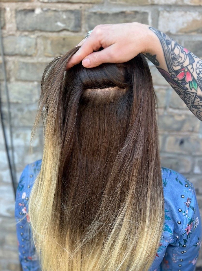 Person's hair with dark roots, blonde ends; hand holding hair section up. Brick wall background.