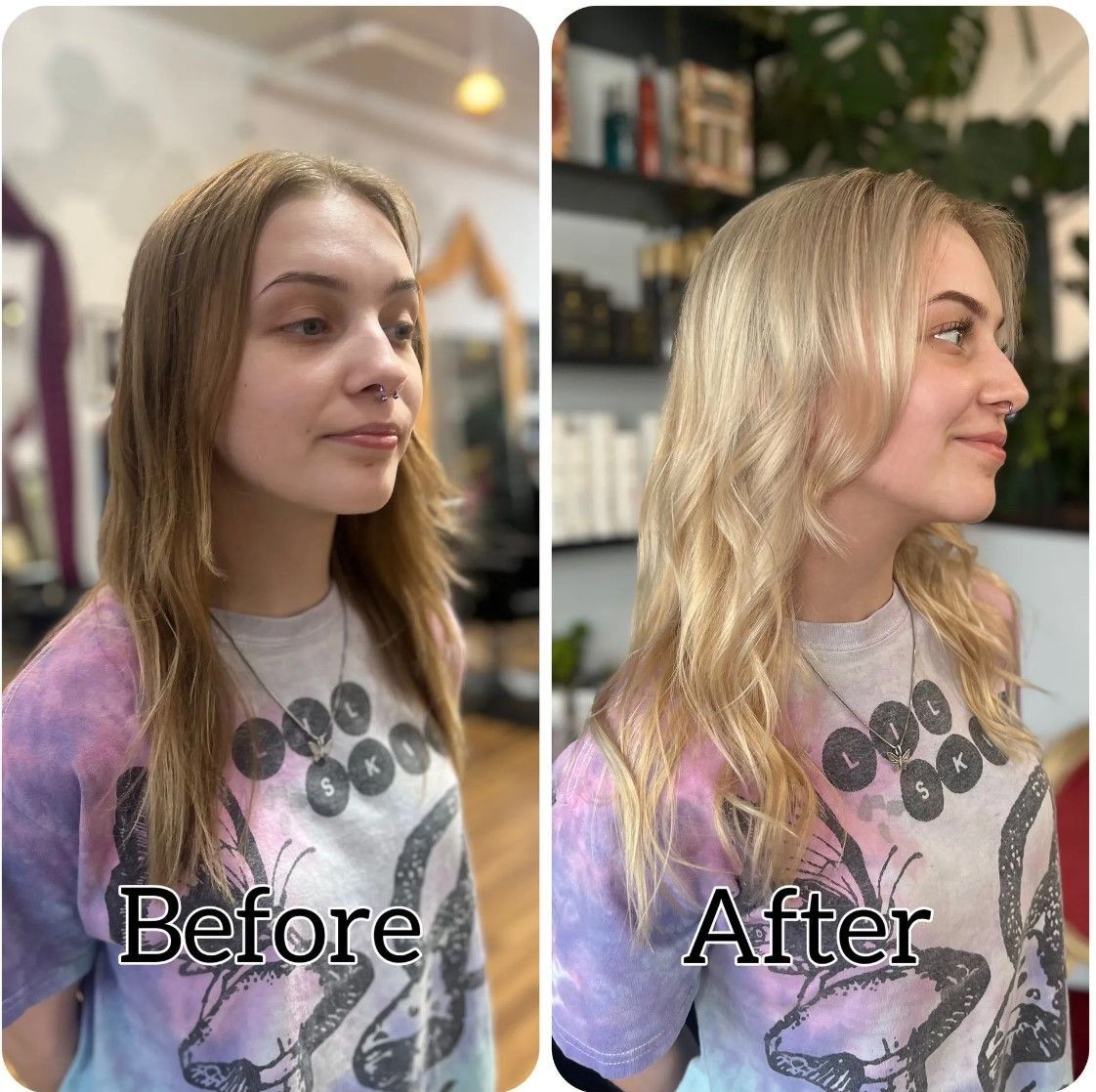 Before-and-after of a person with hair transformation: long brown to layered blonde. Person wears a tie-dye shirt.