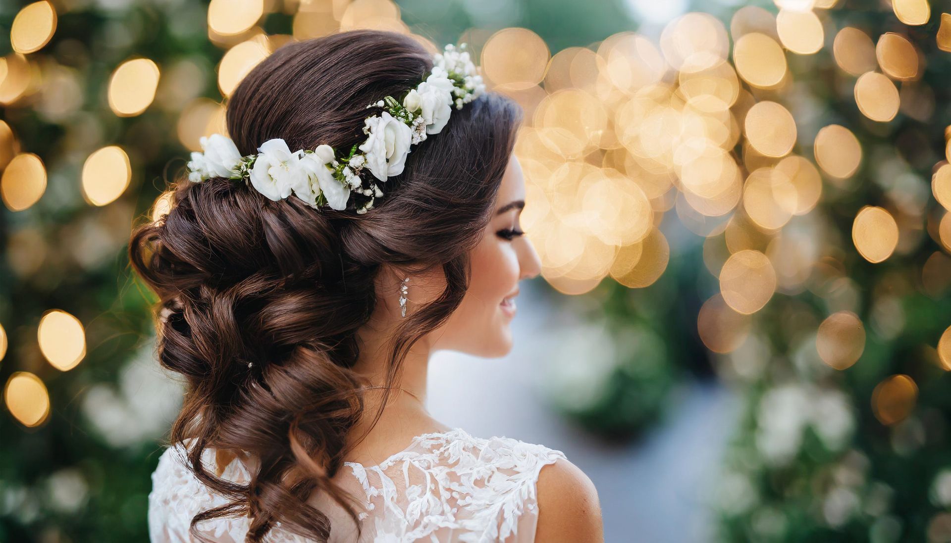 A person wearing a white floral crown and an intricate updo, seen from behind against a background of soft bokeh lights.