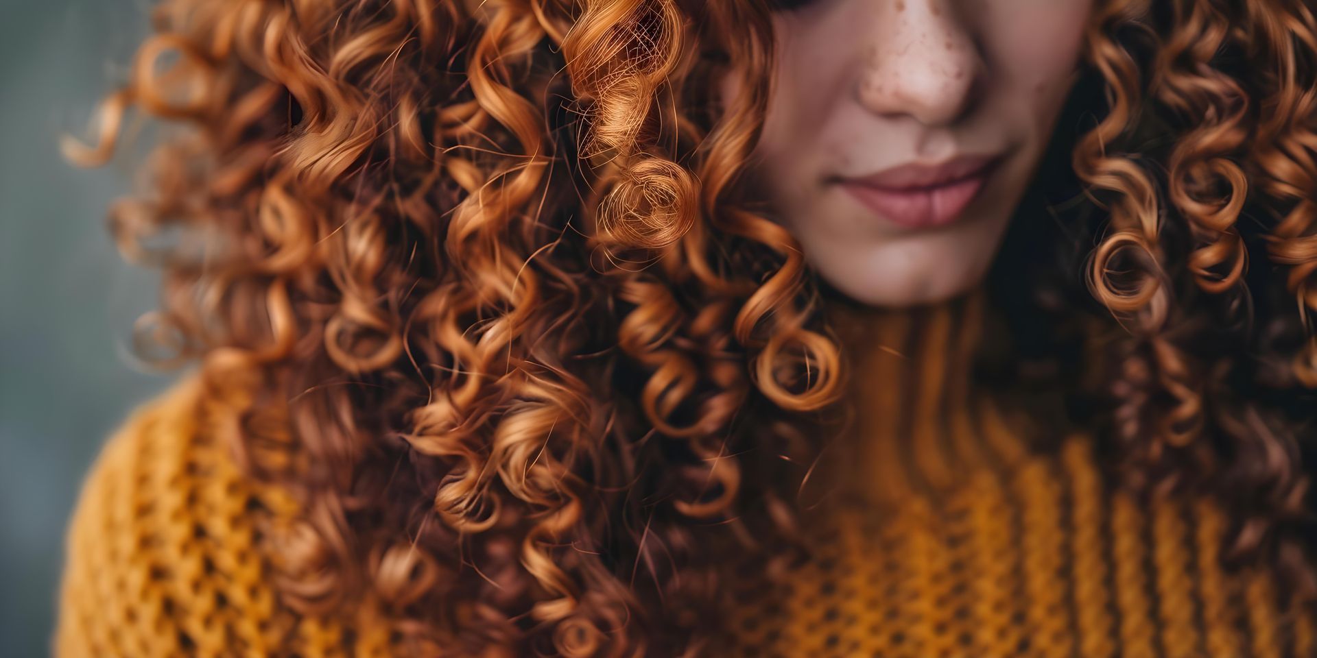 Close-up of person's face with long, red, curly hair and a yellow sweater.