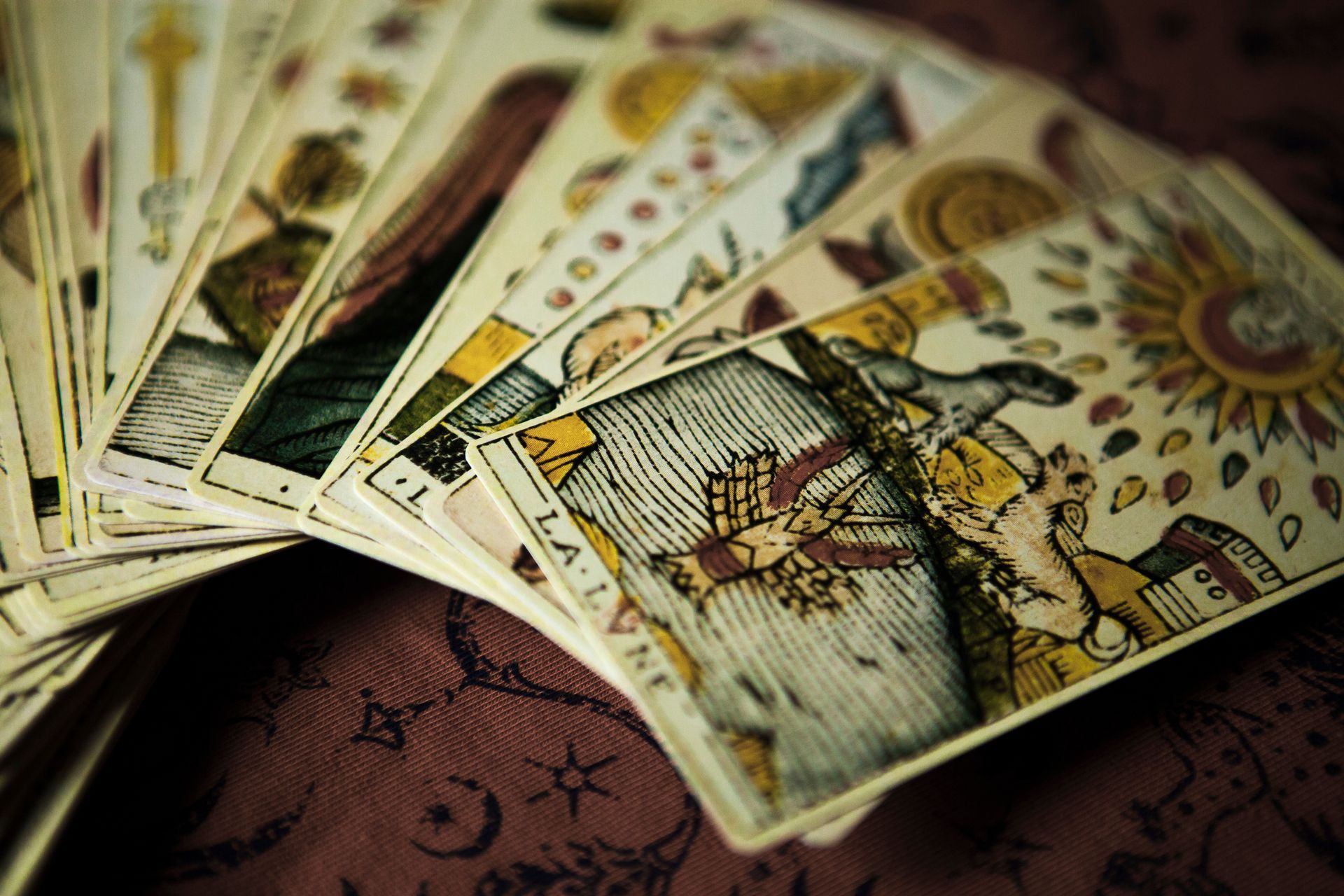 Tarot cards fanned out, showcasing colorful illustrations on a dark, patterned surface.