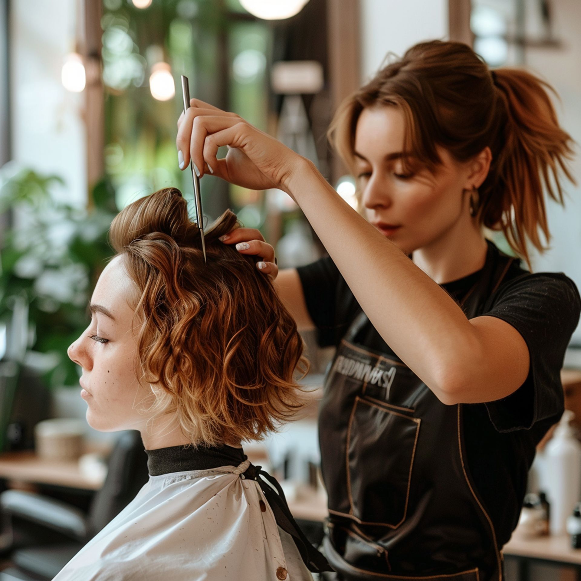 Hairdresser cutting a client's hair in a salon. The client is seated, wearing a cape.