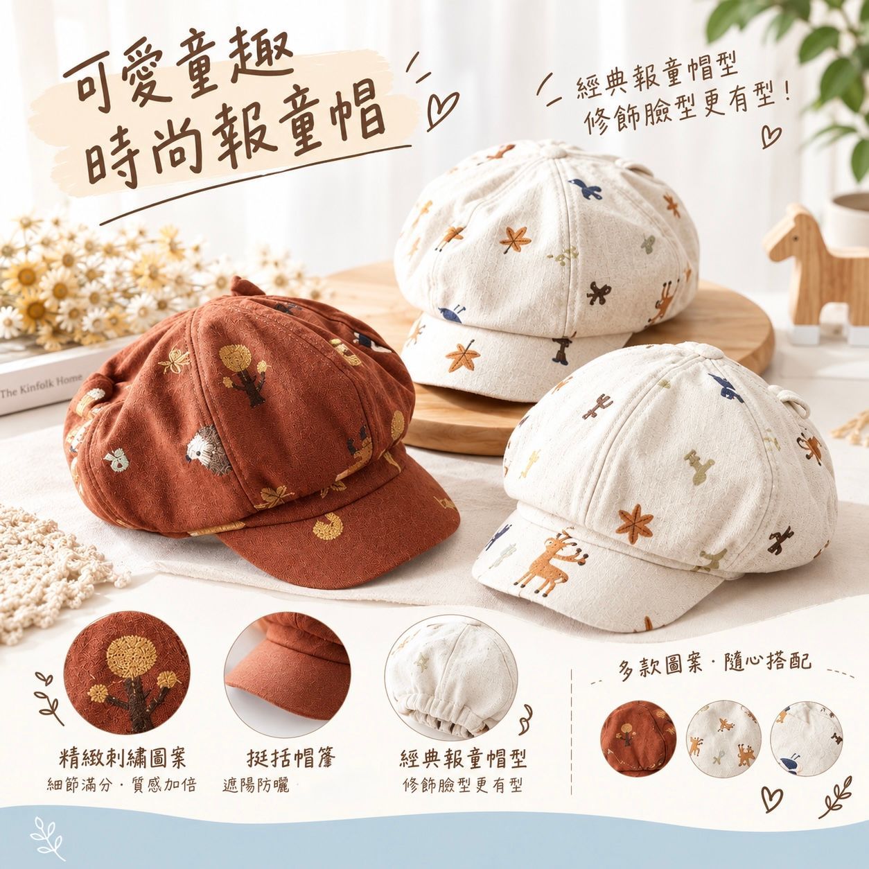 可愛森林動物童趣耳朵報童帽八角帽