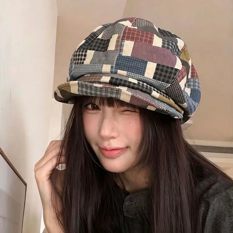 懷舊復古拼接格紋報童帽 碎布軟沿八角帽
