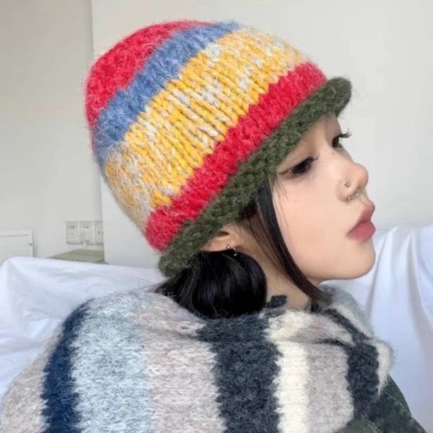 秋冬彩色條紋包頭卷邊毛線針織帽