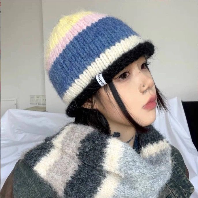秋冬彩色條紋包頭卷邊毛線針織帽