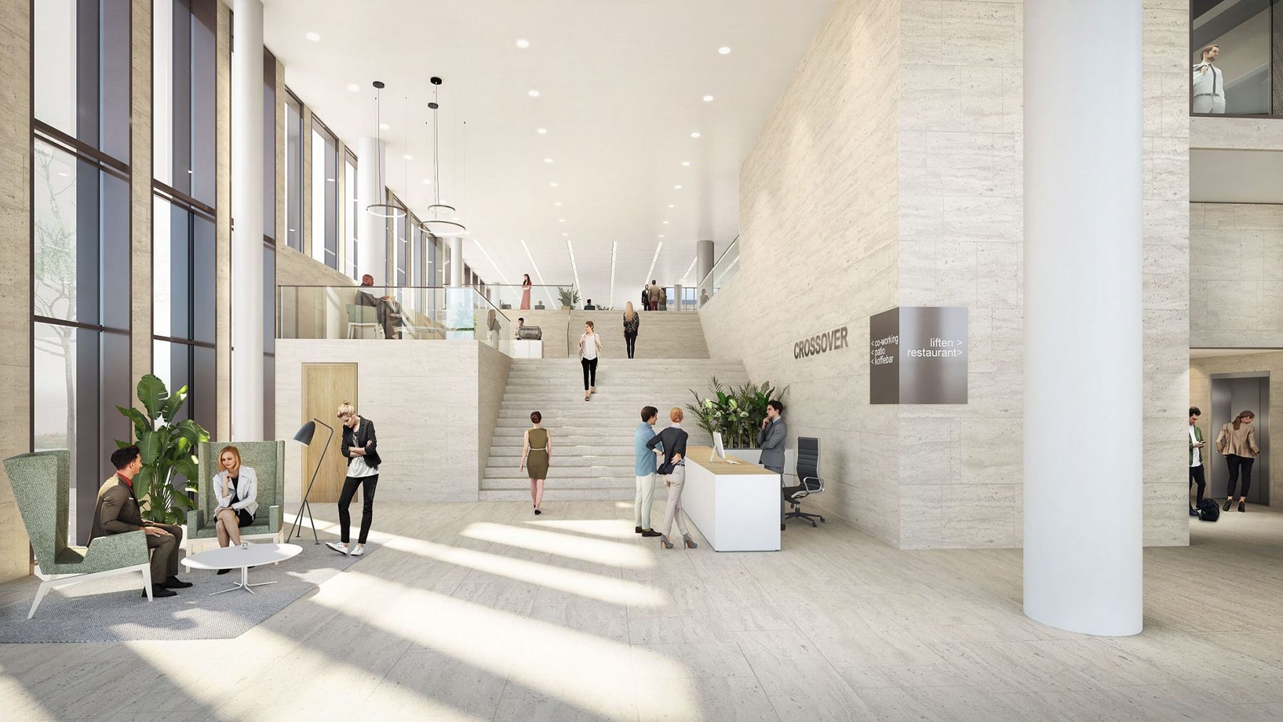 Een impressie van de lobby van een gebouw met mensen die de trap aflopen.