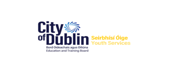 City of Dublin Youth Services logo. Navy and blue text with swirl graphic. Yellow text to the right.