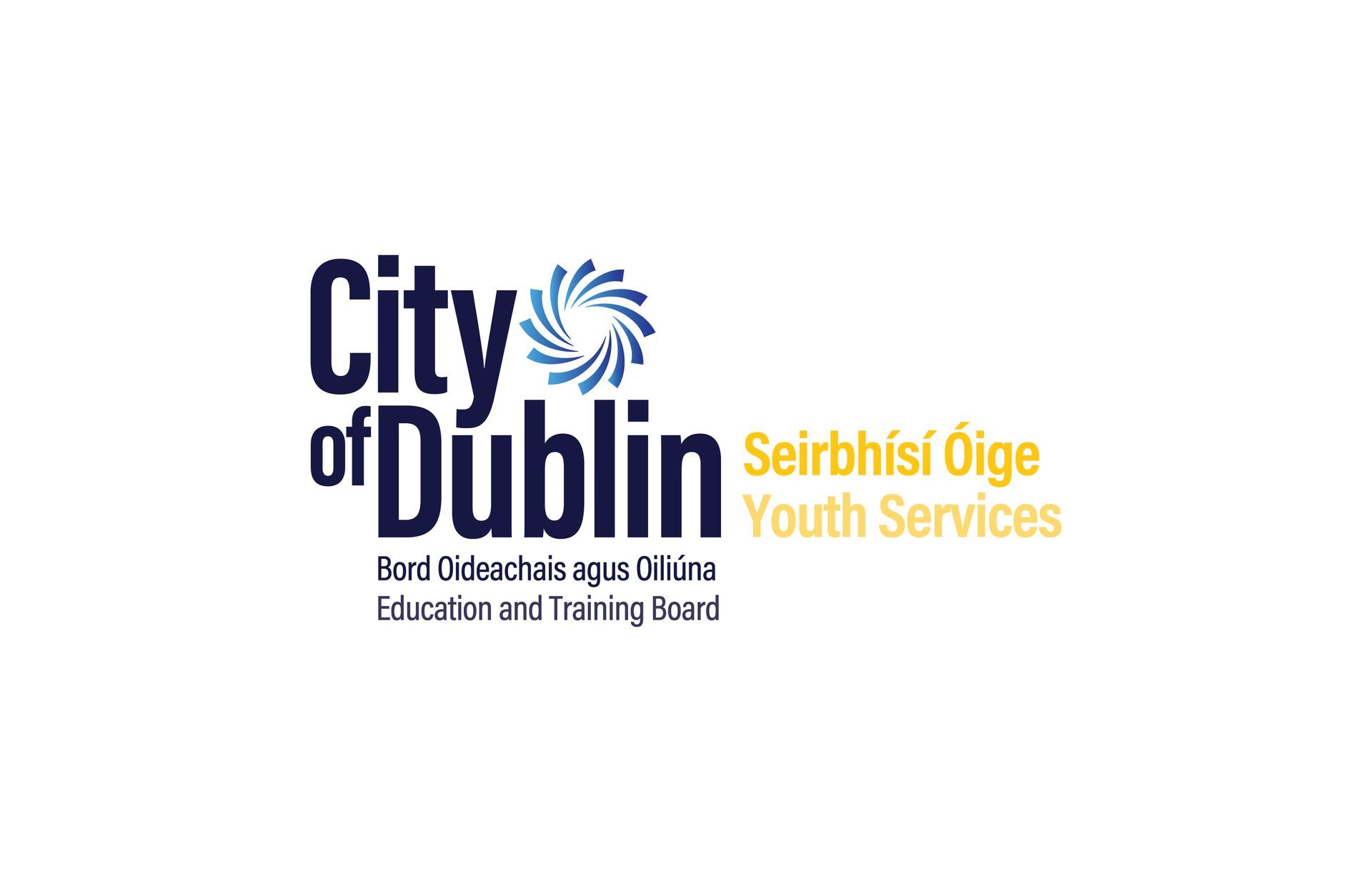 City of Dublin Youth Services logo: dark blue text on white background with an abstract swirl graphic and dual language text.