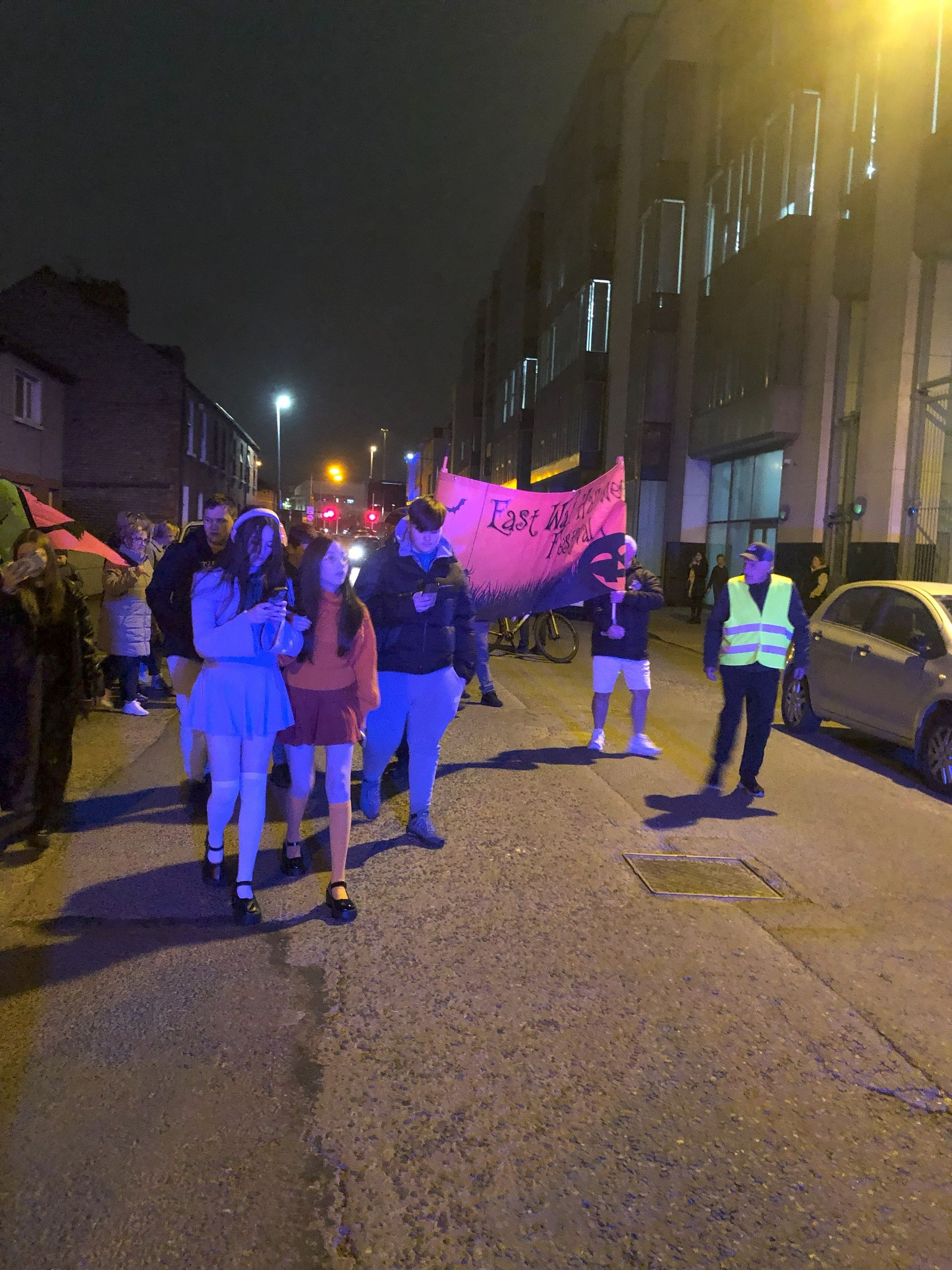People walking down a street at night, holding a banner. Some are in costume, one is wearing a reflective vest.