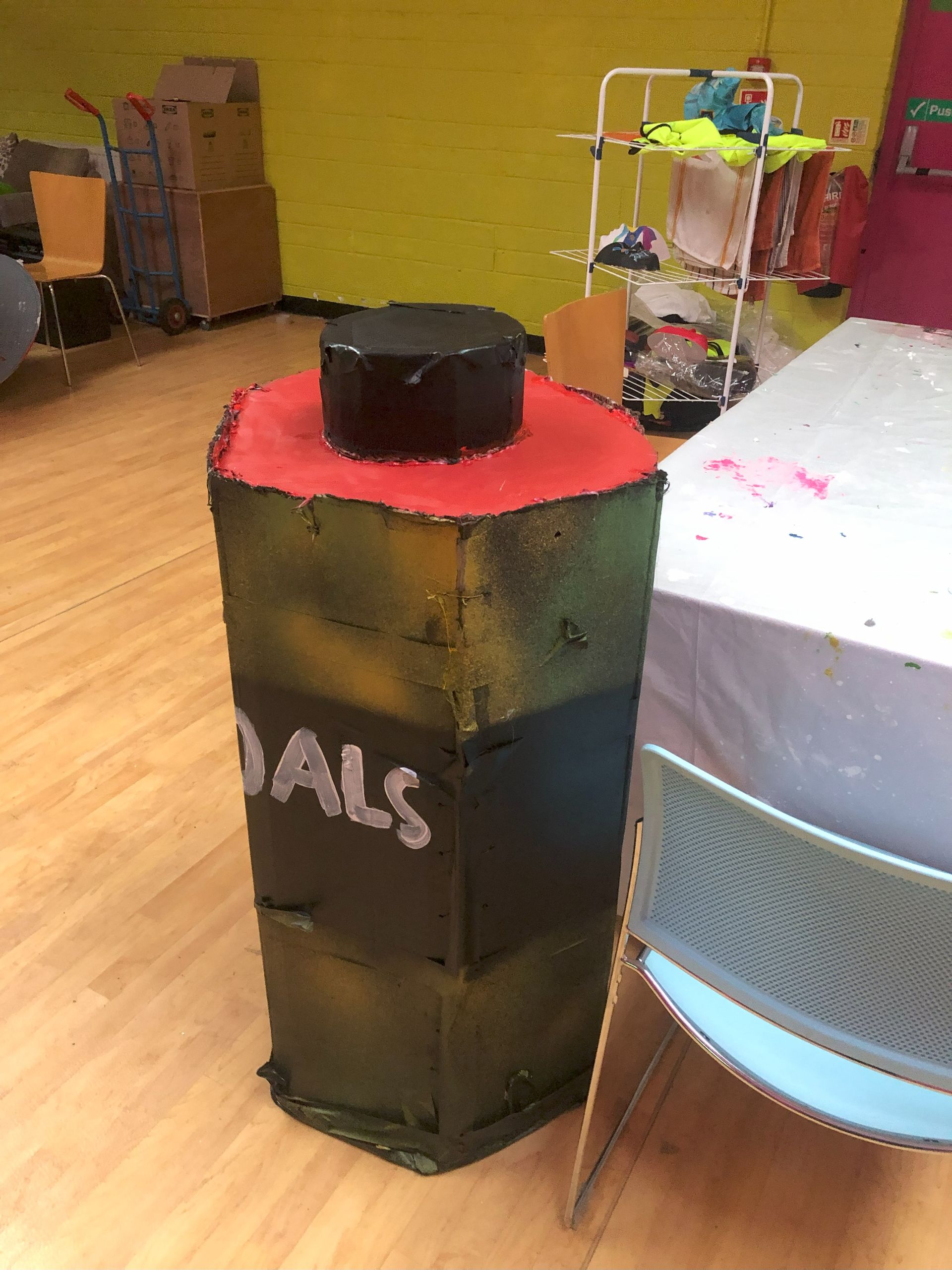 Cardboard container labeled 