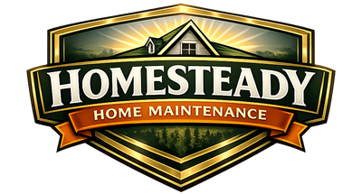 Homesteady Home Maintenance logo with house silhouette over a forest; gold and green color scheme.