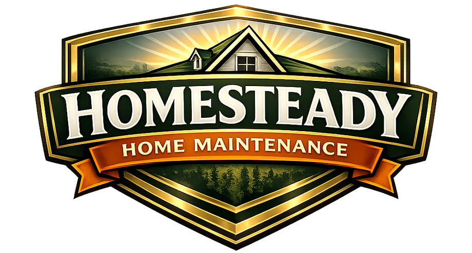 Homesteady Home Maintenance logo with house silhouette over a forest; gold and green color scheme.