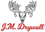 Black-and-white deer skull with antlers logo above red script text “J.M. Drywall”