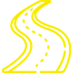 A yellow icon of a curvy road on a white background.