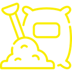 A yellow line drawing of a bag of dirt and a shovel.