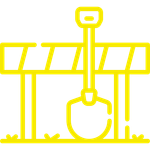 A yellow icon of a construction site with a shovel.