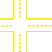 A yellow cross on a white background with lines and dots.