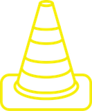 A yellow traffic cone on a white background.