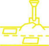 A yellow line drawing of a shovel digging a hole in the ground.