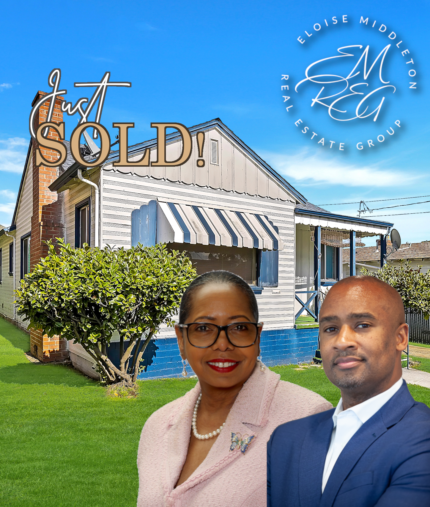 Image of house with two real estate agents. The phrase "Just Sold" superimposed. Logo for "Eloise Middleton Real Estate Group"