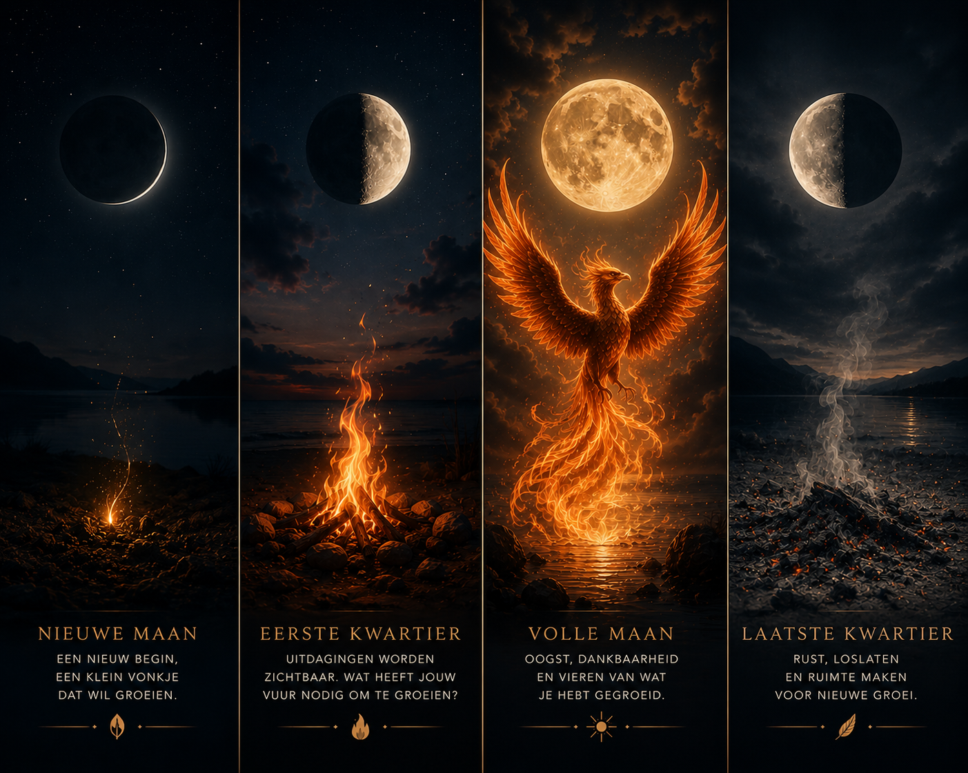 Een fantasy-illustratie bestaande uit vier panelen met maanfasen boven vuur en rook, en een gloeiende feniks.