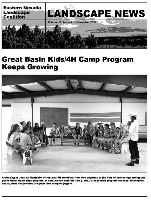 Newsletter cover for Eastern Nevada Landscape Coalition featuring Great Basin Kids/4H Camp Program