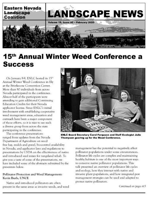 Landscape News newsletter article about the 15th Annual Winter Weed Conference success, with a small photo of two people speaking.