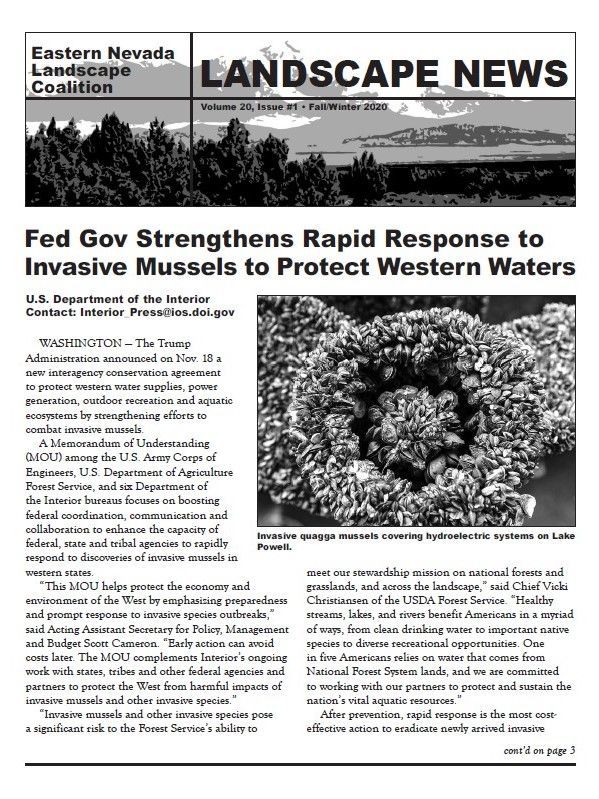 Landscape News newspaper front page with headline on invasive mussels threatening Western waters and a mussel photo