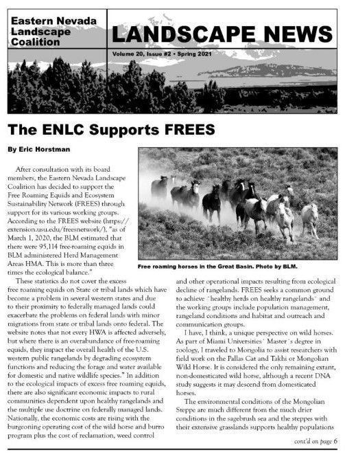 Landscaping newsletter page with headline “The ENLC Supports FREES” and a photo of people riding horses in a field