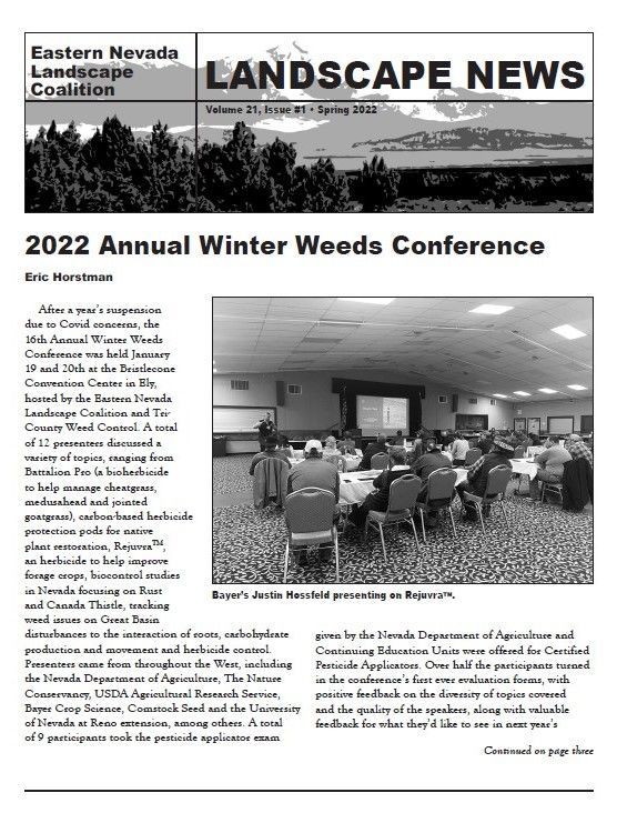 Newsletter page titled “Landscape News” with “2022 Annual Winter Weeds Conference” and a seminar photo