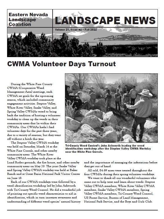 Landscape News newsletter page on CWMA volunteer days turnout, with photo of people moving rocks outdoors