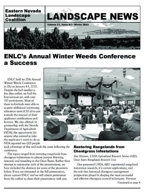 Newsletter page about ENLC’s annual winter weeds conference, with a roomful of attendees and a speaker