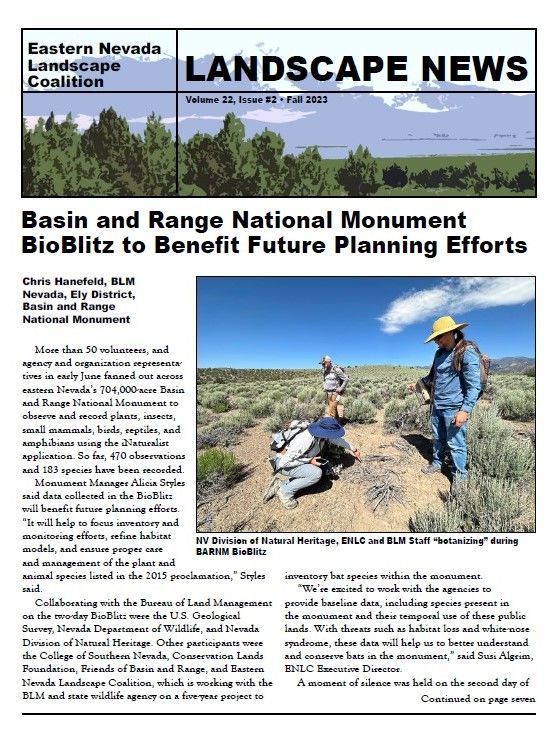 Landscape News newsletter page about Basin and Range National Monument planning efforts, with hiking photo and article text