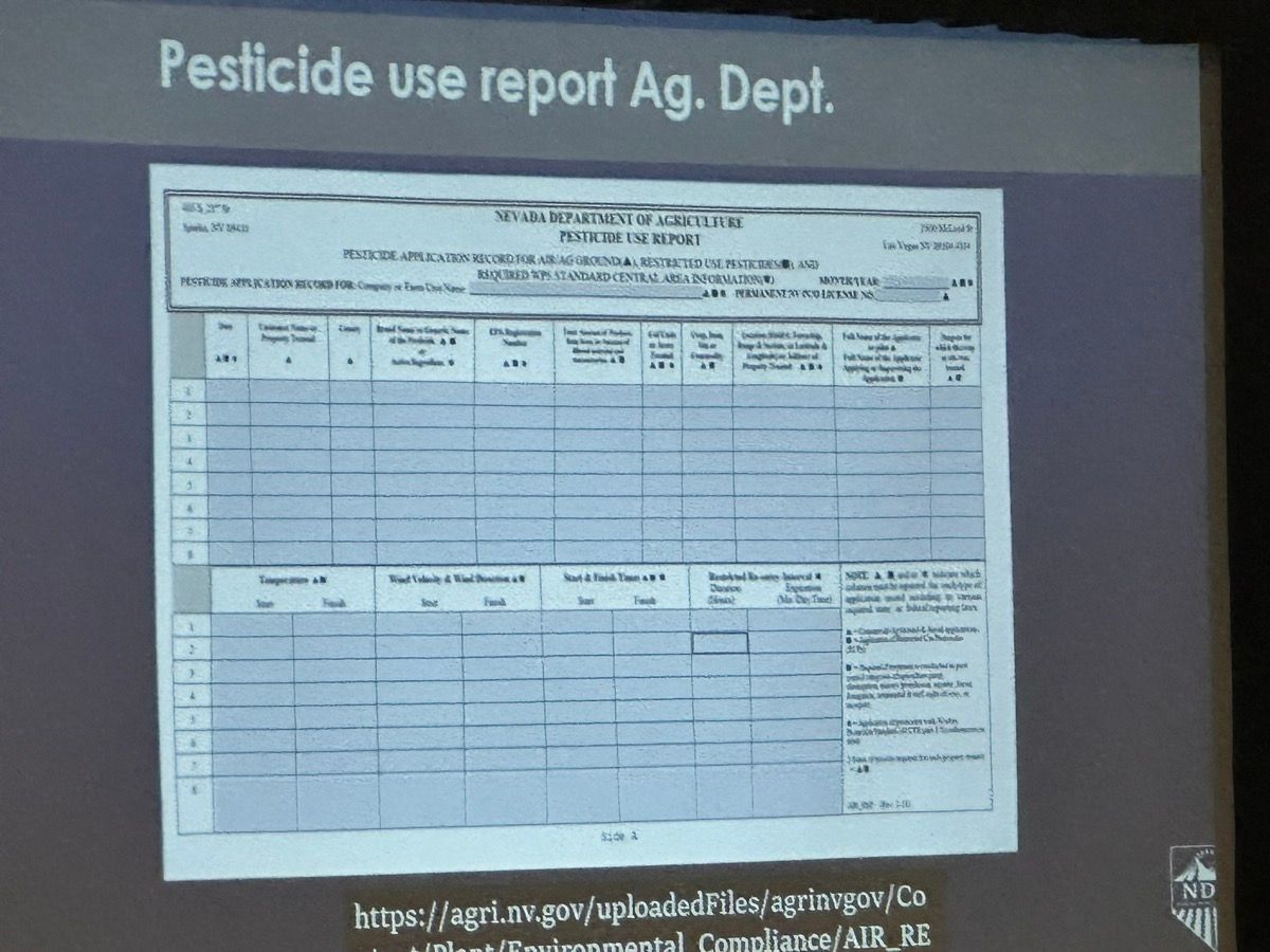 Projected slide titled “Pesticide use report Ag. Dept.” showing a form table on a dark background