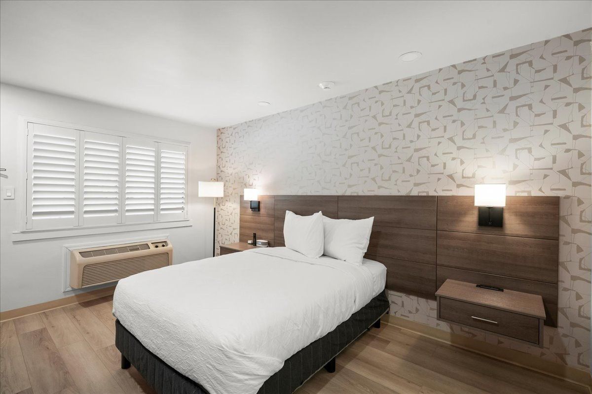 Bright modern bedroom with a white bed, wood accents, shuttered window, and patterned wallpaper