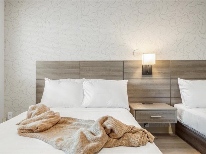 Hotel room with two made beds, white linens, wood headboard, and bedside lamps