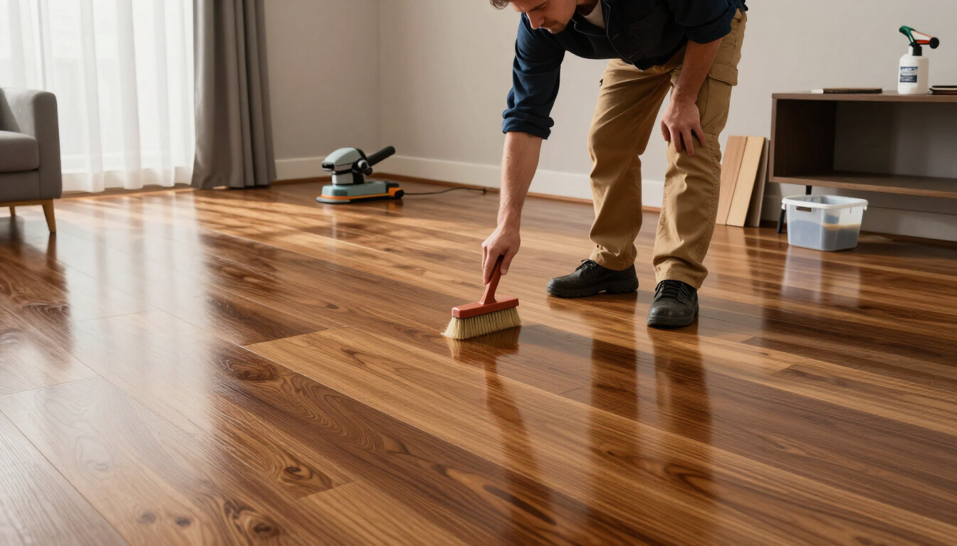 Person applying finish to a glossy hardwood floor in a living room