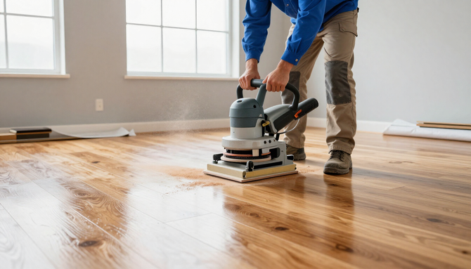 Person spreading adhesive on a floor while installing wood planks over concrete