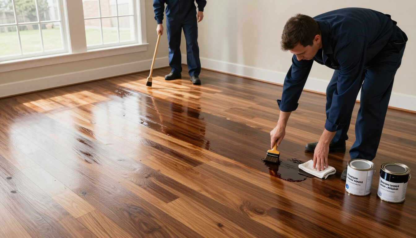 Two workers applying finish to a glossy hardwood floor with brushes and cans in a bright room