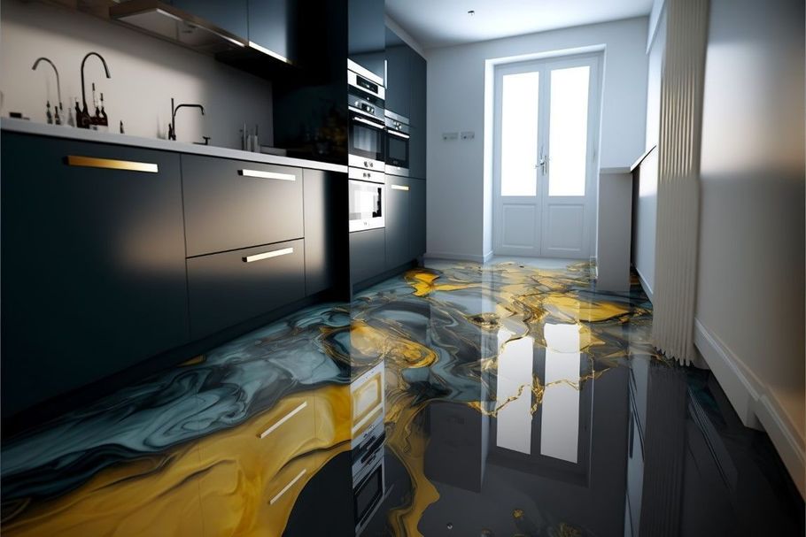 Modern kitchen with flooded floor reflecting cabinets and window, yellow water swirling on the floor